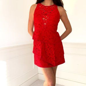 BCBG Maxazria Red Lace Tiered Mini Dress
